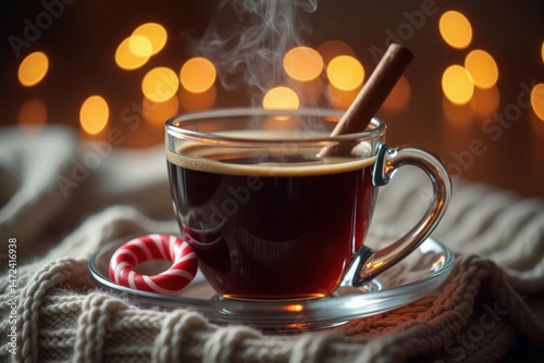 A steaming cup of black coffee with a cinnamon stick and a small candy cane on the side. The background shows a knitted blanket and glowing fairy lights for a warm Christmas feel