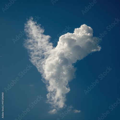 A single, cumulus cloud formation drifts against a vibrant blue sky, its shape resembling a stylized bird in flight, showcasing intricate details and textures of the fluffy white mass. : Generative AI