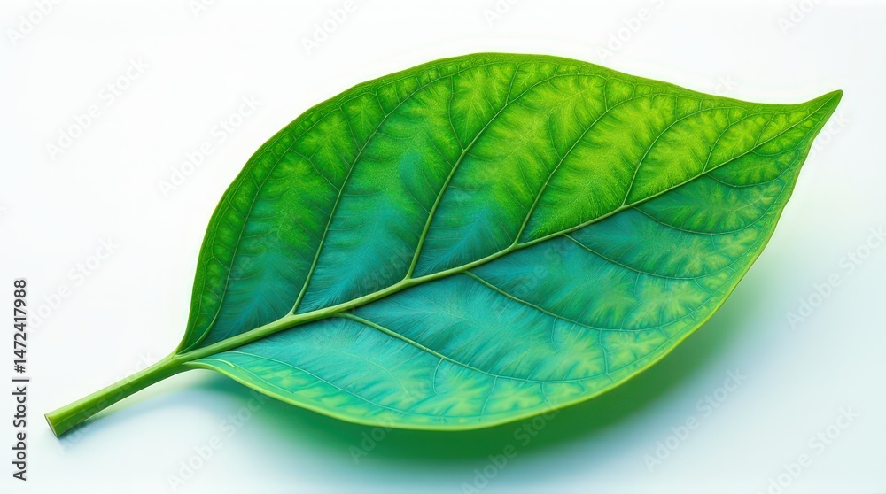 Obraz premium Close-up of a vibrant green leaf with detailed veins on a light background. Ecology Logo . Symbol of nature conservation. Recyclable