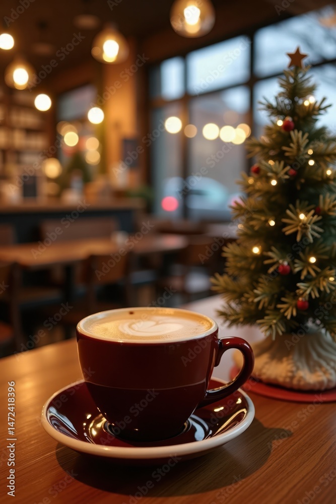 Obraz premium A cup of coffee on a wooden table inside a cozy café, with a small decorated Christmas tree next to it. Warm lights and festive decorations fill the background