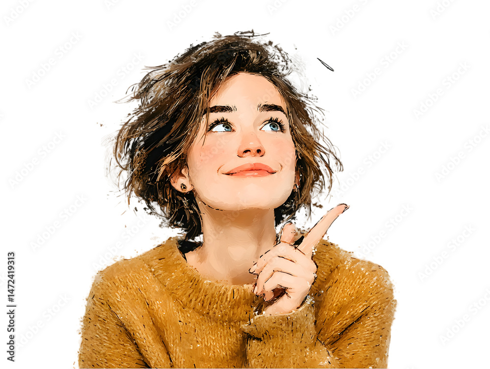 Obraz premium Portrait of a young woman with brown hair looking upward pensively wearing a mustard yellow sweater art on transparent background