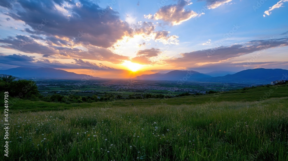 Obraz premium Serene sunset over a vast valley, with vibrant orange and purple hues painting the sky above rolling green hills and a distant town. : Generative AI