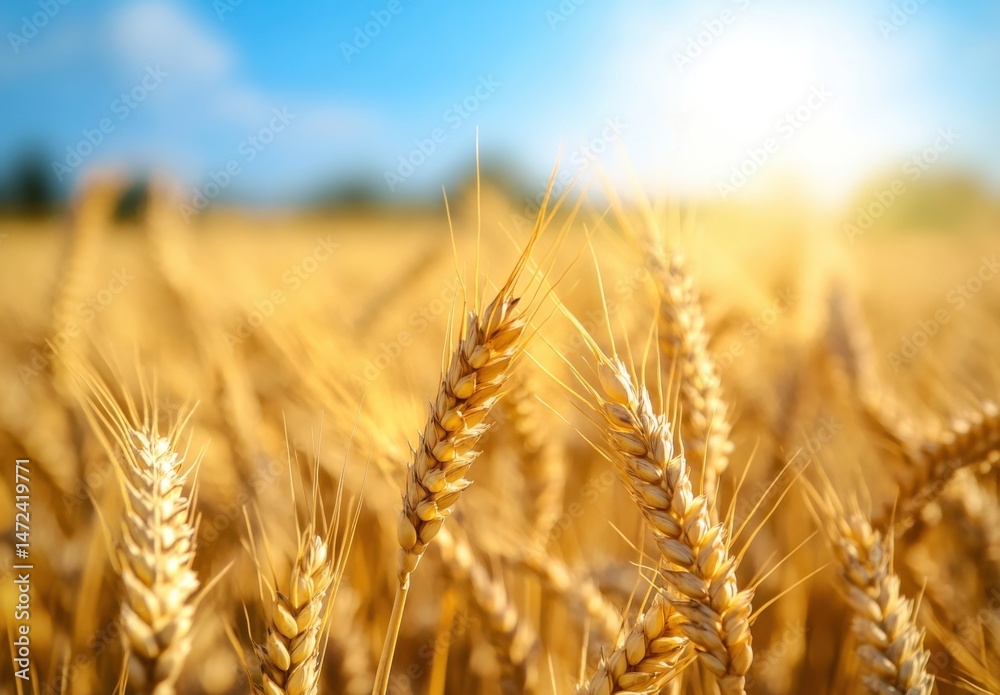 Fototapeta premium Golden wheat field bathed in sunlight, showcasing ripe ears of grain ready for harvest. A picturesque summer scene of agricultural abundance. : Generative AI