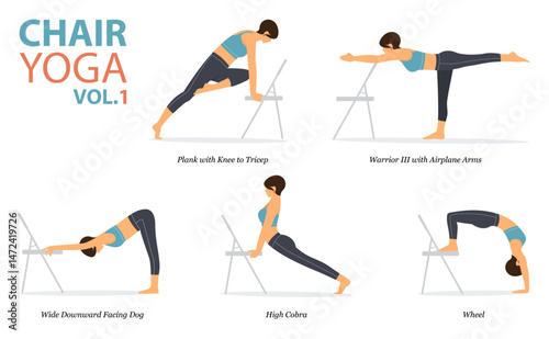 5 Chair Yoga poses for office syndrome or work from home in flat design. Woman exercise for strength on office chair. Set of asana postures fitness Infographic. Vector.