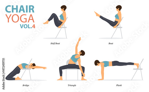 5 Chair Yoga poses for office syndrome or work from home in flat design. Woman exercise for strength on office chair. Set of asana postures fitness Infographic. Vector.