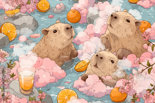 Cute Capybaras Relaxing in Hot Spring with Cherry Blossoms and Oranges