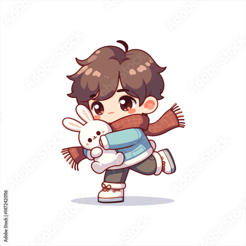 full body boy dancing with rabbit doll