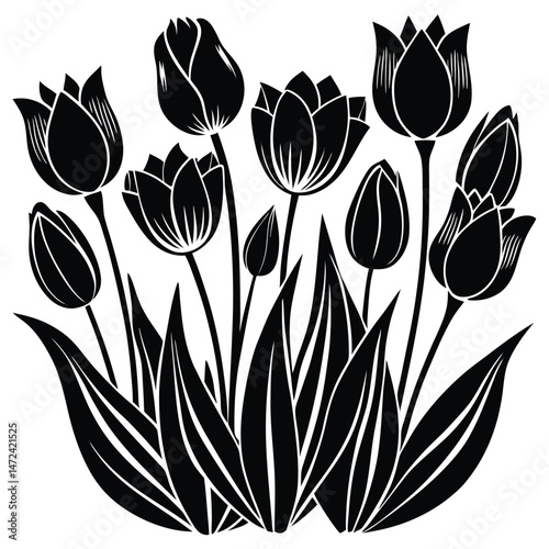 blooming tulips silhouette with long, graceful stems and pointed leaves