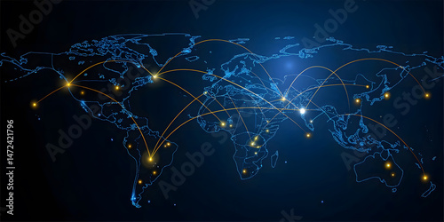 Global Network Connectivity Visualization Futuristic Digital World Map. photo