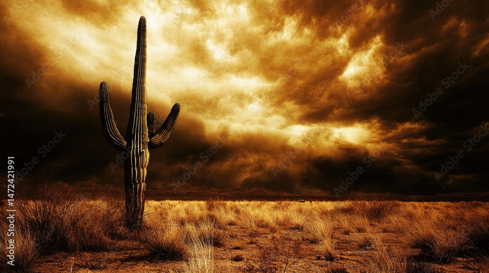 Fototapeta premium Dramatic desert landscape with saguaro cactus under stormy sky.