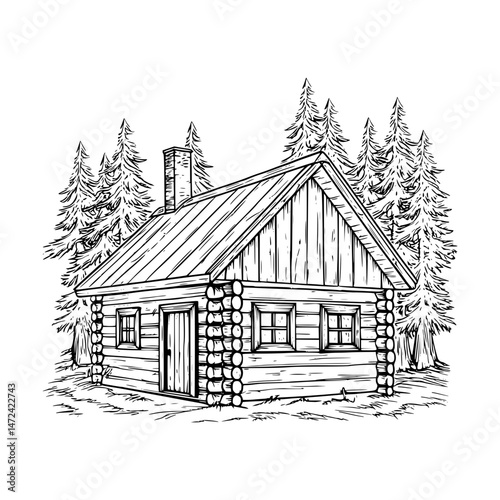 Vintage Log Cabin Sketch - Rustic Cottage Illustration