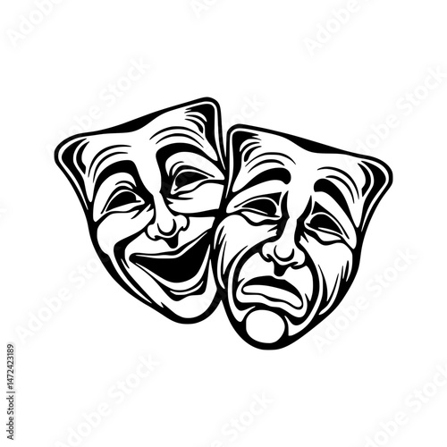 Tragedy & Comedy Masks - Black and White Vector