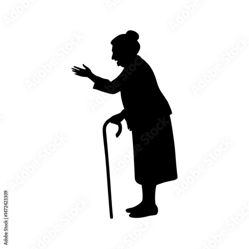 Silhouette Elderly Woman Walking with Cane