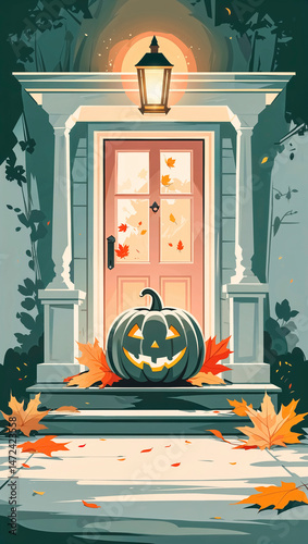 Festive Halloween decorations on a cozy porch with a carved pumpkin and autumn leaves