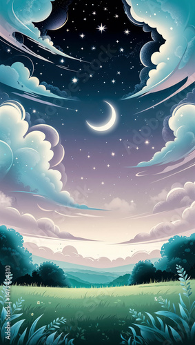 Elegant night sky with crescent moon over serene landscape filled with lush greenery and soft clouds Generative AI