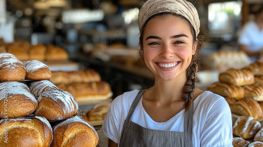 Smiling baker with fresh bread in bakery Smiling baker with fresh bread in bakery