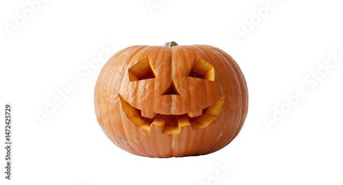 A traditional carved Halloween jack-o'-lantern pumpkin with a glowing light source inside, illuminating its spooky face with triangular eyes and a jagged smile.