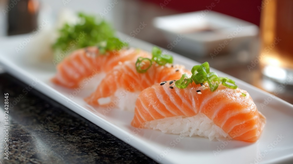 Three pieces of delicious salmon nigiri sushi, garnished with sesame seeds and green onions, elegantly presented on a white rectangular plate. : Generative AI Three pieces of delicious salmon nigiri sushi, garnished with sesame seeds and green onions, elegantly presented on a white rectangular plate. : Generative AI