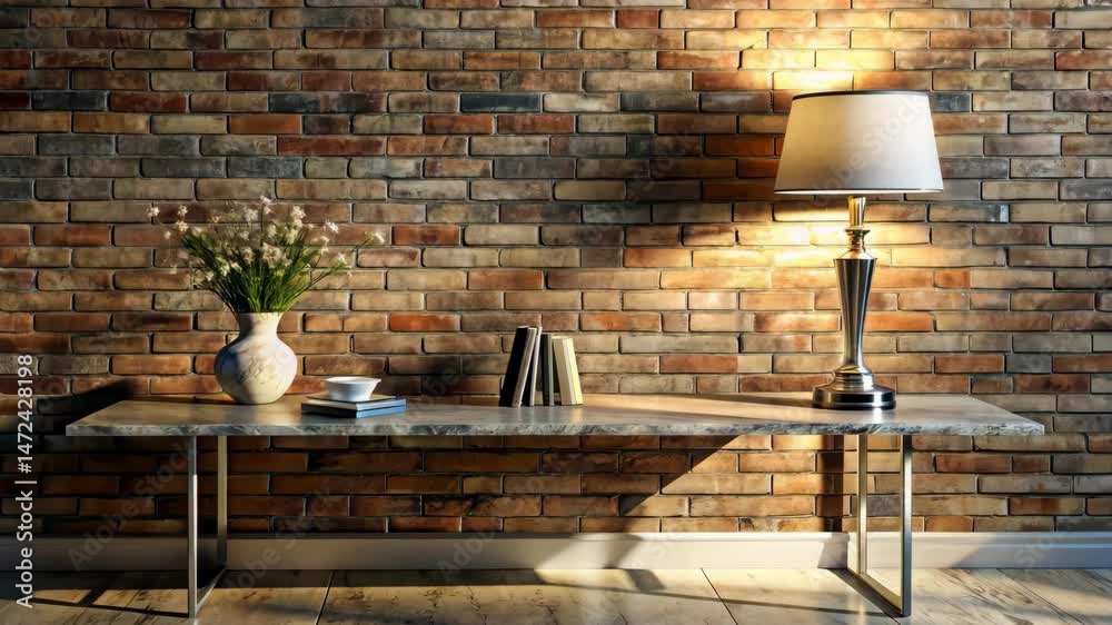 Modern interior design with a table, lamp, books, and vase against a brick wall Modern interior design with a table, lamp, books, and vase against a brick wall