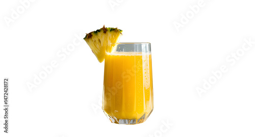 A vibrant and tropical photograph of a tall glass filled with bright yellow pineapple juice.