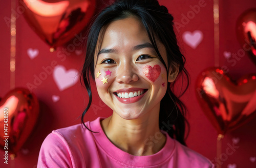 A young Asian woman with makeup and sequins is smiling on a pink background. The concept of a holiday, birthday and self-love