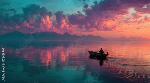 Solitary fisherman rows his small boat across a tranquil lake at sunset, silhouetted against a vibrant, colorful sky and distant mountains. : Generative AI