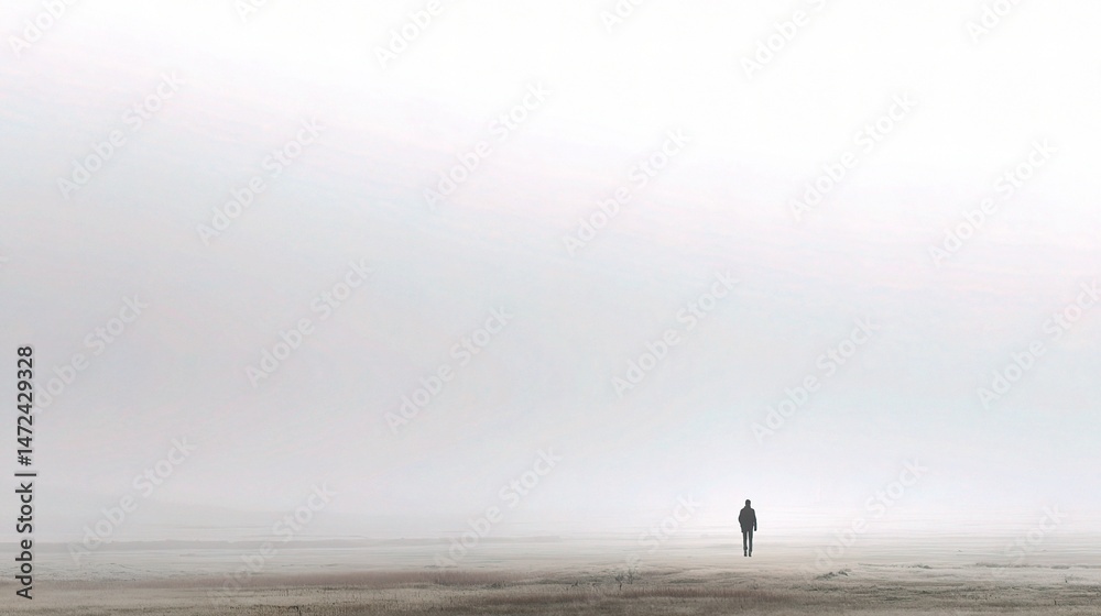 Fototapeta premium Solitary Figure on a Foggy Plain in a Minimalist Scene