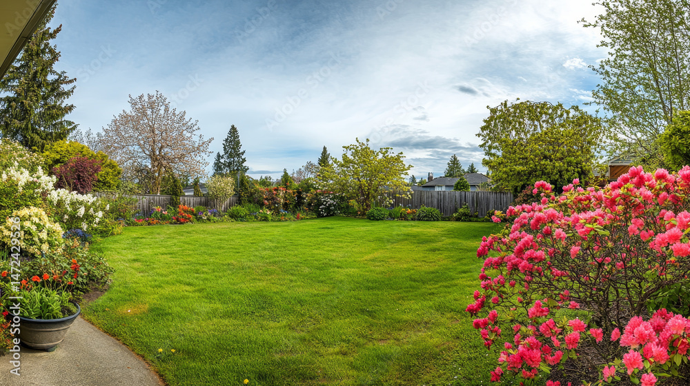 Fototapeta premium A vibrant spring garden scene where blooming flowers and a lush green lawn create a panoramic view of natural beauty