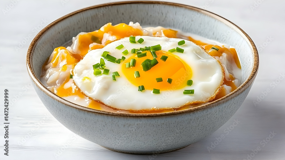 Creamy oat porridge topped with a fried egg and cheese sauce, garnished with chives Creamy oat porridge topped with a fried egg and cheese sauce, garnished with chives