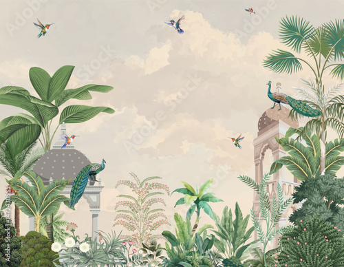 Traditional Mughal Garden Illustration, Mughal Garden, Dome, Peacock, Birds.