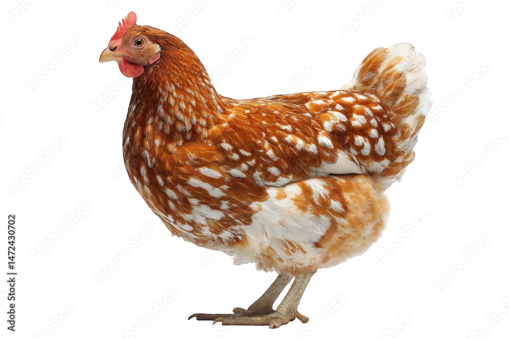 Fototapeta premium Beautiful brown speckled hen isolated on studio shot of a domestic chicken bird farm animal poultry feather texture brown on transparent background