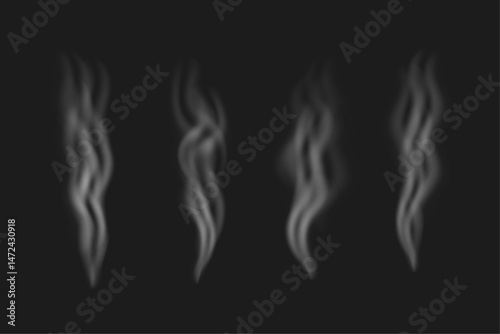Vector realistic set of translucent flowing smoke effects isolated on dark background