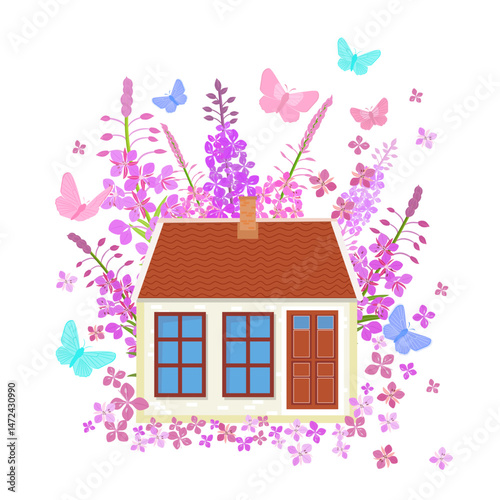 invitation card with tiny cute building. cartoon cozy house with fireweed flowers and butterflies. sweet home