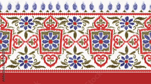 abstract seamless hand drawn ethnic border design in ikat print. traditional mughal border. azetec pattern border design. Geometric Vector Textile Border Design.