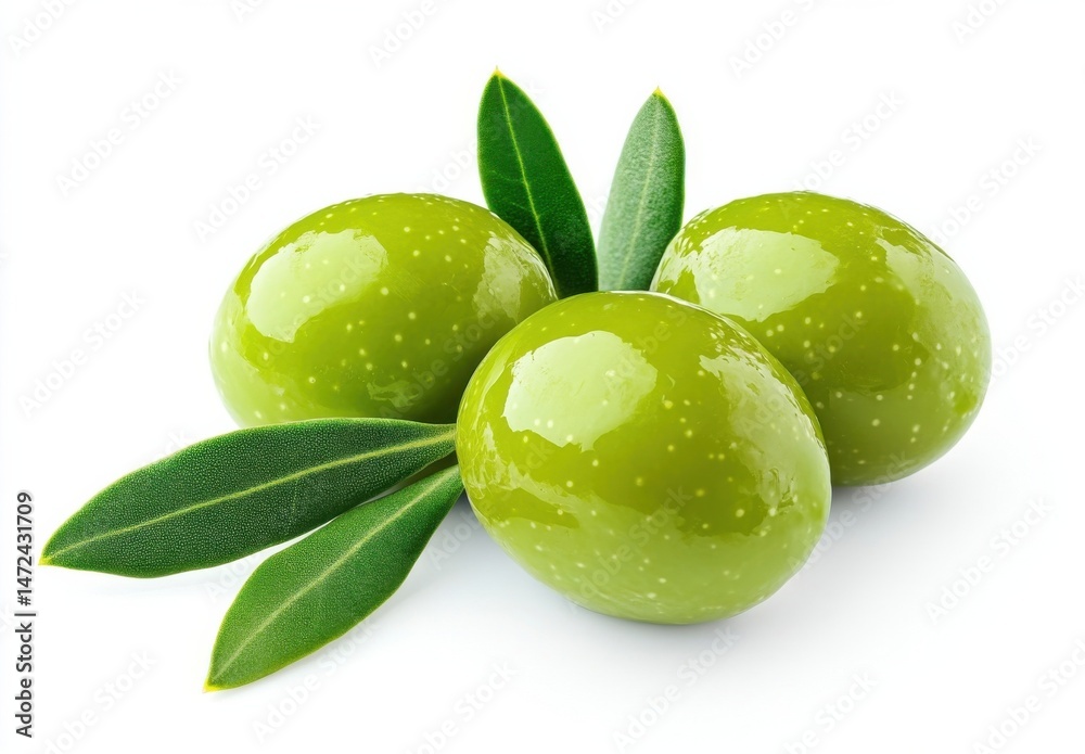 Obraz premium Three ripe green olives with fresh olive leaves, isolated on a white background. A perfect image for culinary, healthy food, or Mediterranean themes. : Generative AI