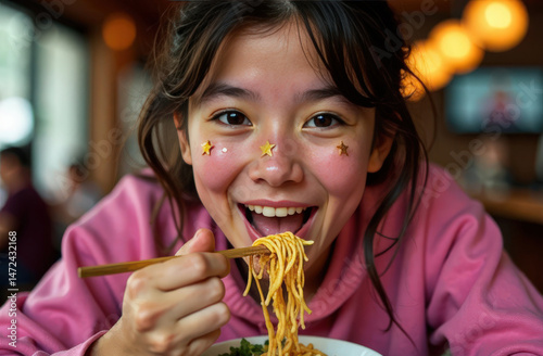 Happy Asian woman eating hot noodles with Chinese chopsticks close-up. A woman with a smile is eating ramen. The concept of delicious Asian food