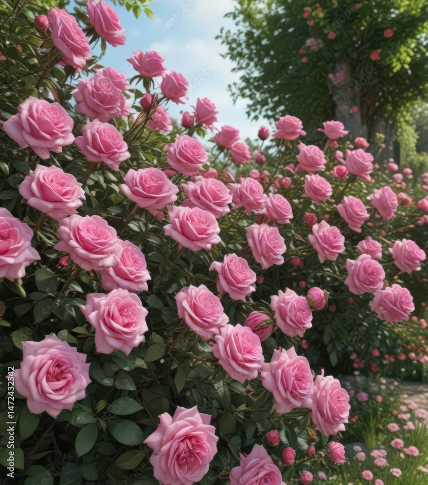 Abundant pink roses, lush, vibrant, garden setting, romantic, floral Abundant pink roses, lush, vibrant, garden setting, romantic, floral