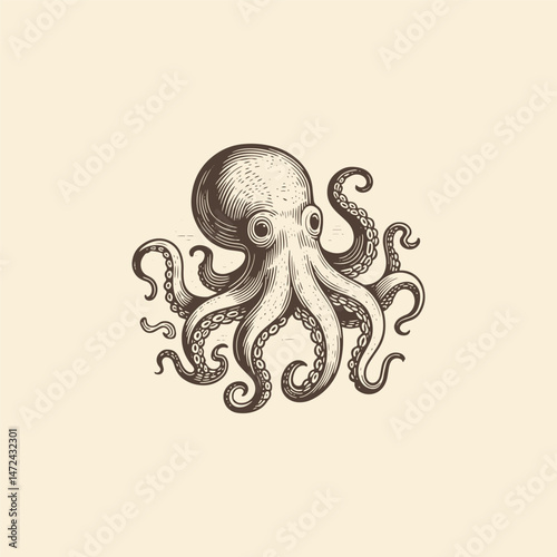 Octopus logo engraving style design template vintage