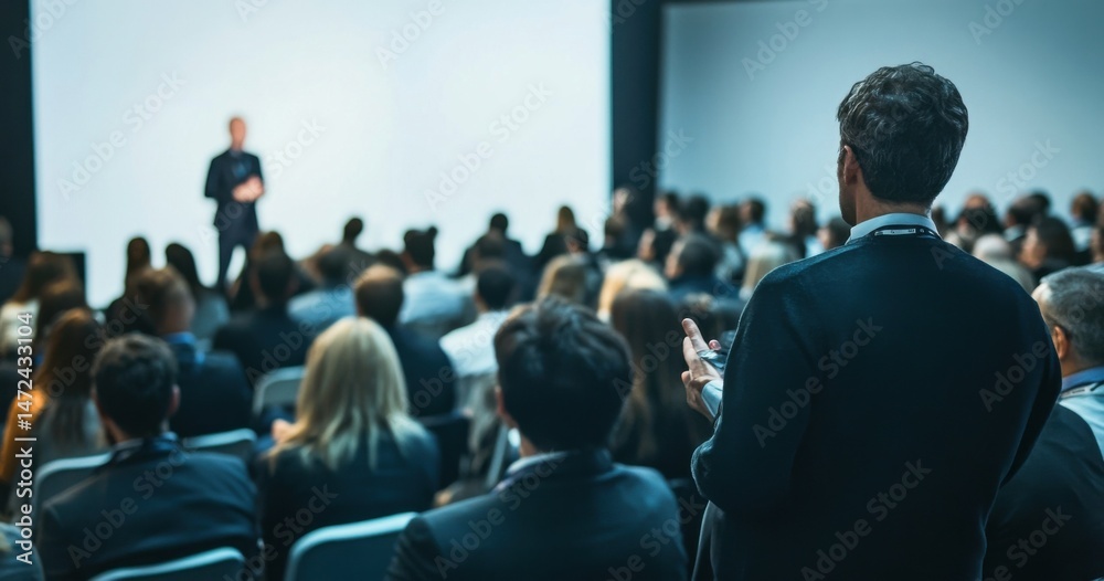 Obraz premium Attentive businessman at a large conference, listening intently to a speaker on a large screen, surrounded by a diverse audience. : Generative AI