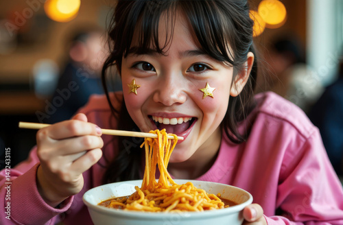 Teen girl happily eating hot Asian noodles. Asian kid in pink hoodie eating ramen 