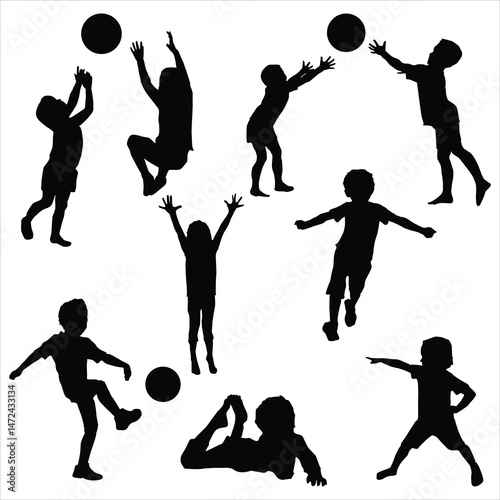  Children play ball, Boy jumping, read book,run silhouettes set.