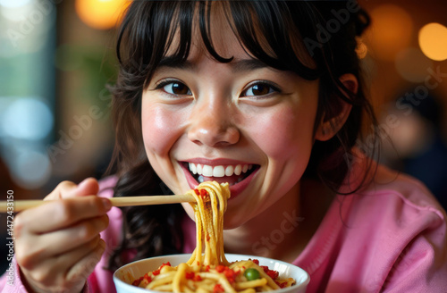 Teen girl happily eating hot Asian noodles. Asian kid in pink hoodie eating ramen with vegetables