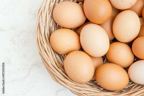 Wallpaper Mural Fresh brown farm eggs in wicker basket on white marble background, top view Torontodigital.ca