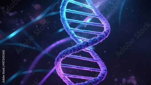 Blue-purple DNA spiral with neon glow. Medical research image for genetic reports