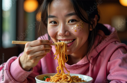 Happy Asian woman eating hot noodles with Chinese chopsticks close-up. A woman with a smile is eating ramen. The concept of delicious Asian food