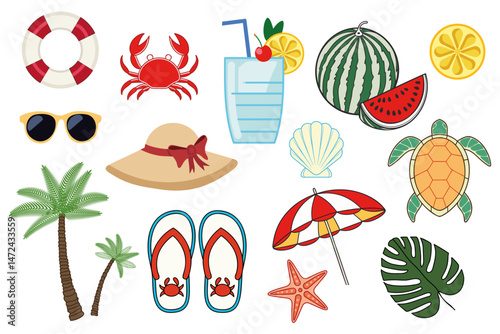 Vector summer beach elements set with crab, turtle, palm trees, sunglasses, sun hat, cocktail, lemon slices, watermelon, seashell, flip flops, umbrella, lifebuoy, starfish, monstera leaf.