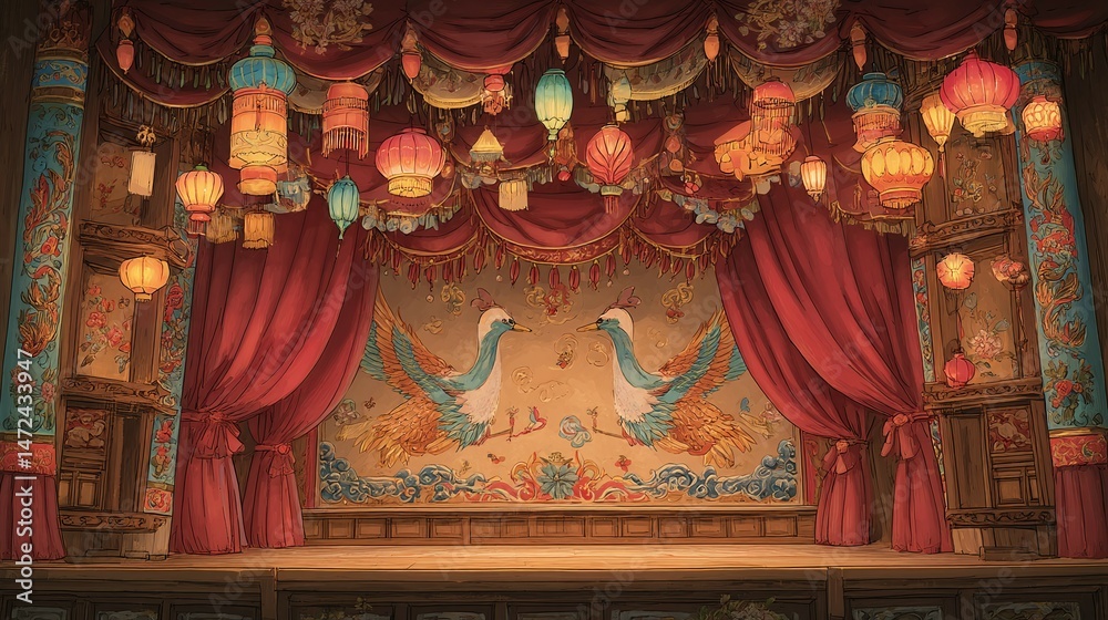 Fototapeta premium Ornate stage with red curtains and decorative backdrop with hanging lanterns.