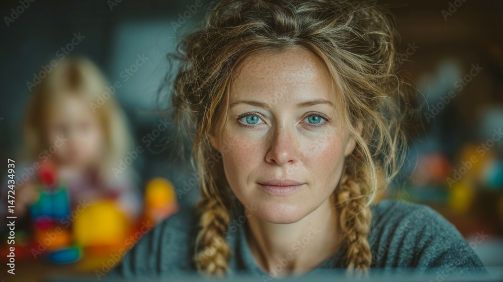 Fototapeta premium A woman with long hair and blue eyes is sitting in front of a table with a bunch of toys