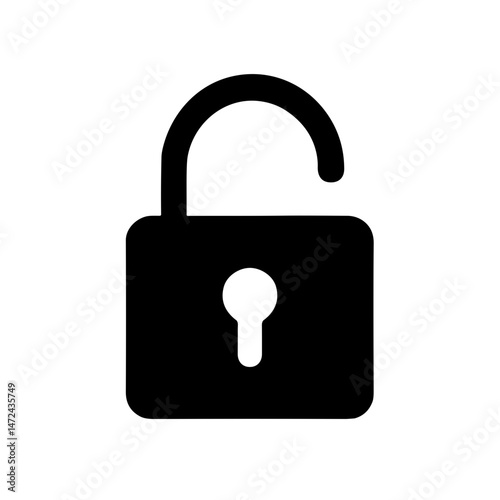 Black silhouette icon of an unlocked padlock on white background, symbolizing access, security breach, and open permissions
