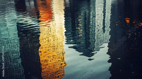 Tall buildings reflected in water creating abstract colorful urban scene.